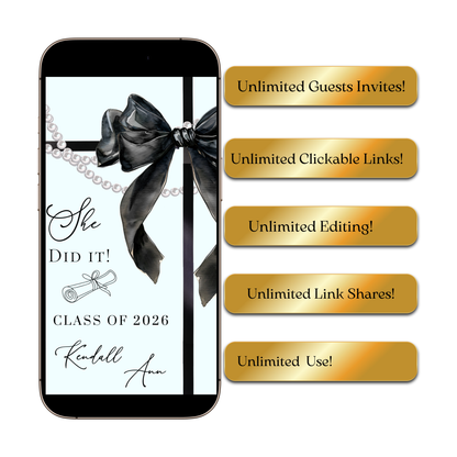 Graduation Party Video Invitation | Light Blue and Black Bow Graduation Invite for Her | Editable Online RSVP Evite Canva Template