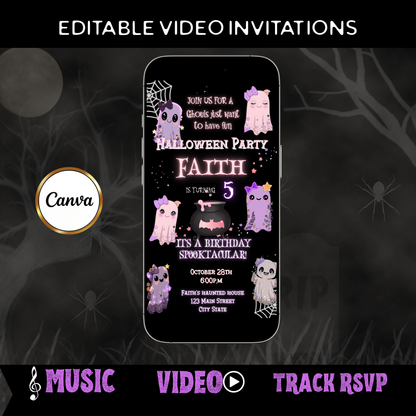 Halloween Video Invitation | Pink Ghost Animated Editable Halloween Party Mobile Evite