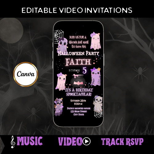 Halloween Video Invitation | Pink Ghost Animated Editable Halloween Party Mobile Evite