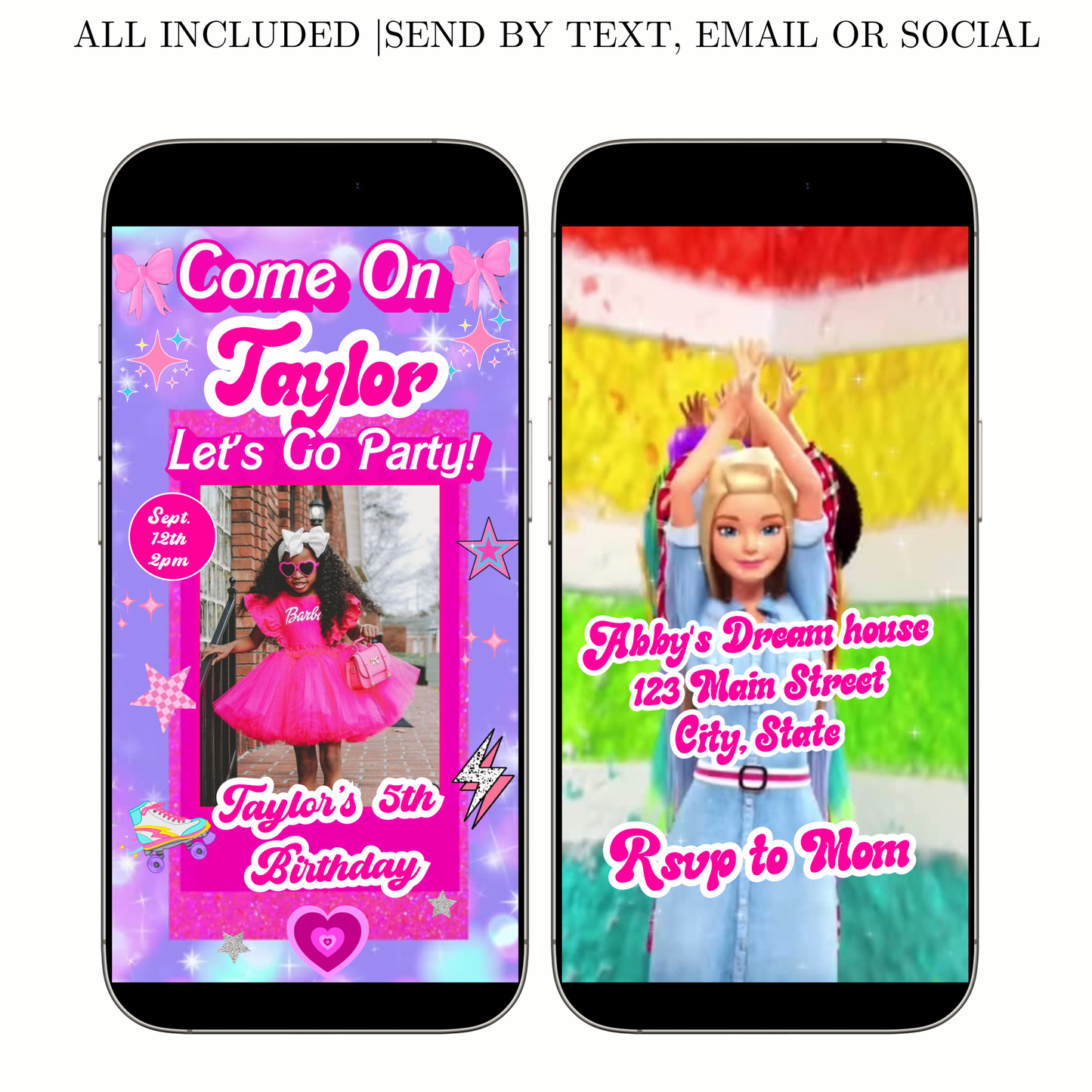 Editable Barbie Video Invitation | Animated Pink Barbie Digital Evite | Editable Canva Invite Template