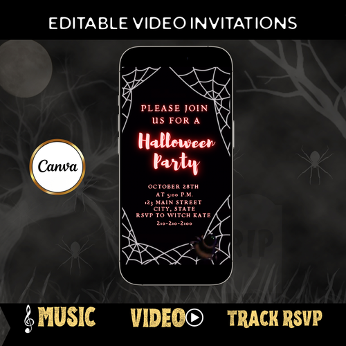 Halloween-Videoeinladung, animierte Einladung im Spinnennetz-Stil