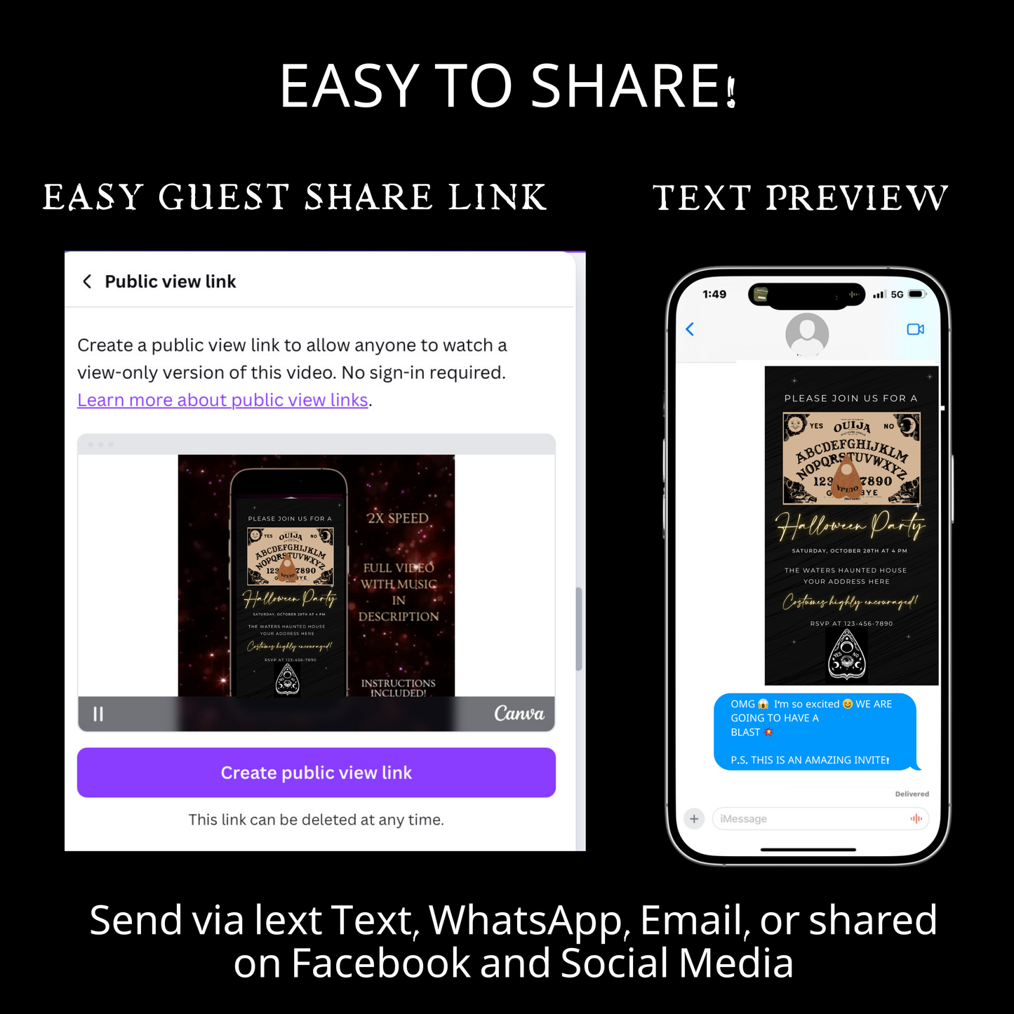 Halloween-Videoeinladung, animierte Einladung mit Ouija-Brett, bearbeitbare mobile Einladung zur Halloween-Party