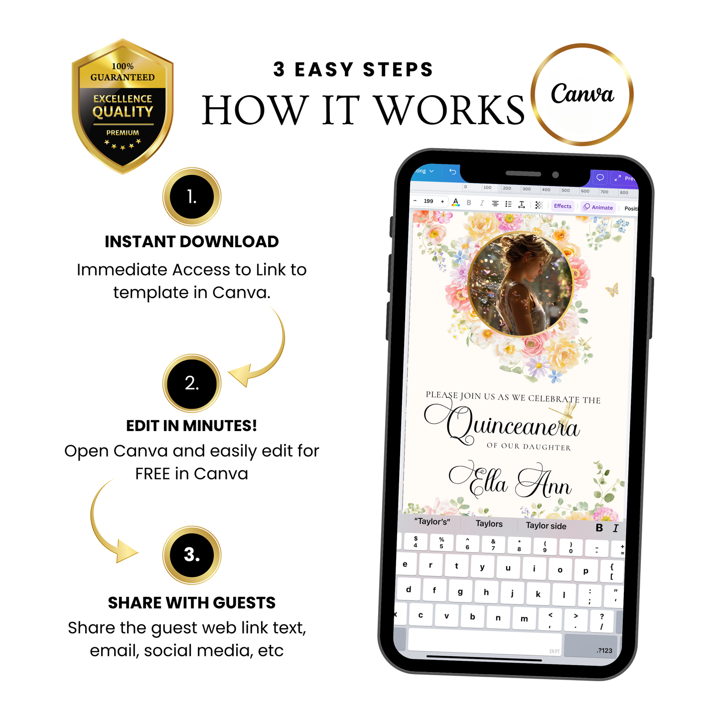 Pink Quinceanera Video Invite | Spring Sweet 15 Quince Invite | Editable Canva Evite Template