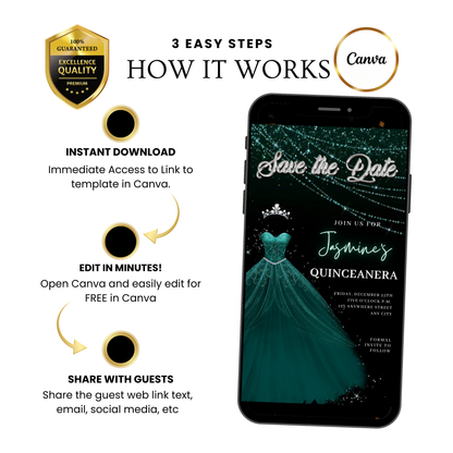 Teal Green Quinceanera Video Invite | Sweet 15 16 Quince RSVP Tracker | Editable Save the Date Canva Evite Template