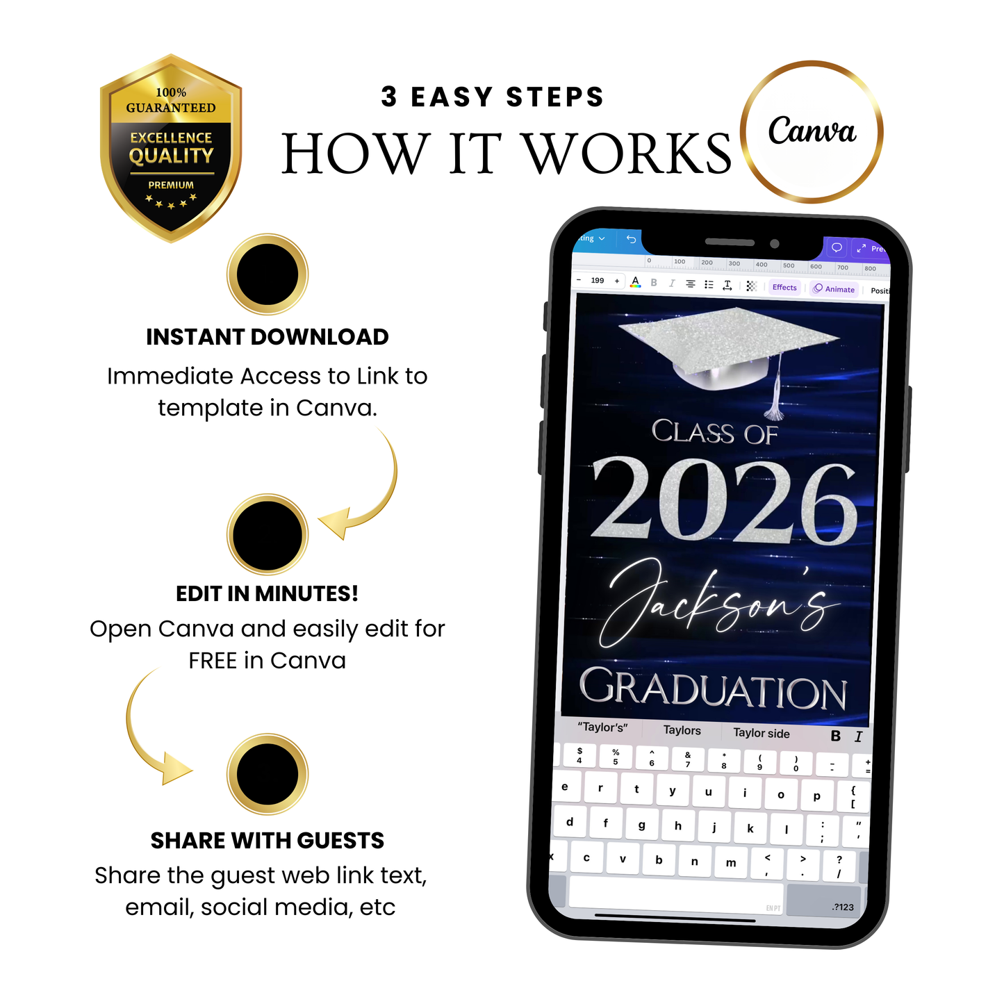 Graduation Party Video Invitation | Class of 2026 Royal Blue and Silver Invite for Him | Editable Online RSVP Evite Canva Template