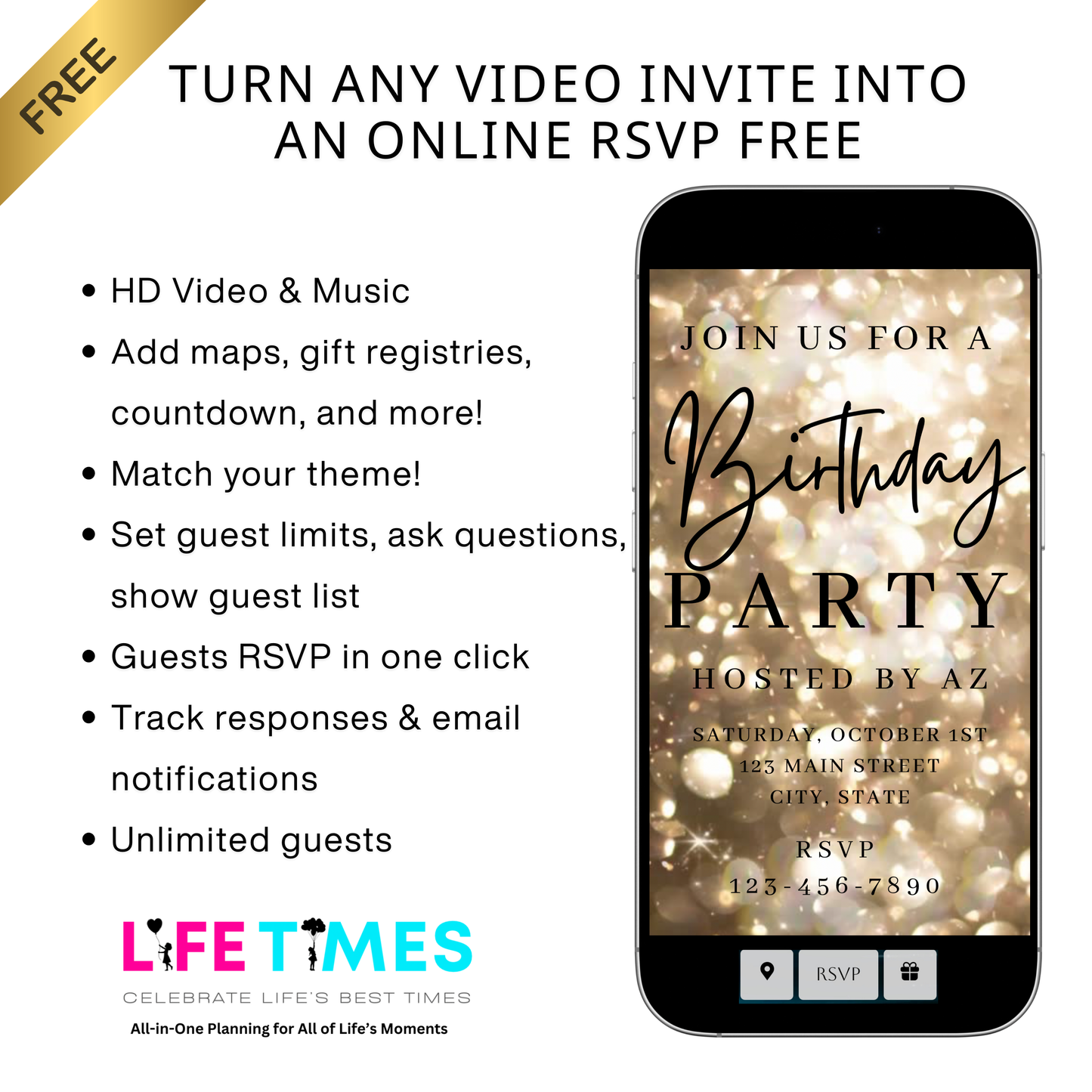 Gold Video Invitation | Animated Birthday Digital Evite | Editable Canva Invite Template