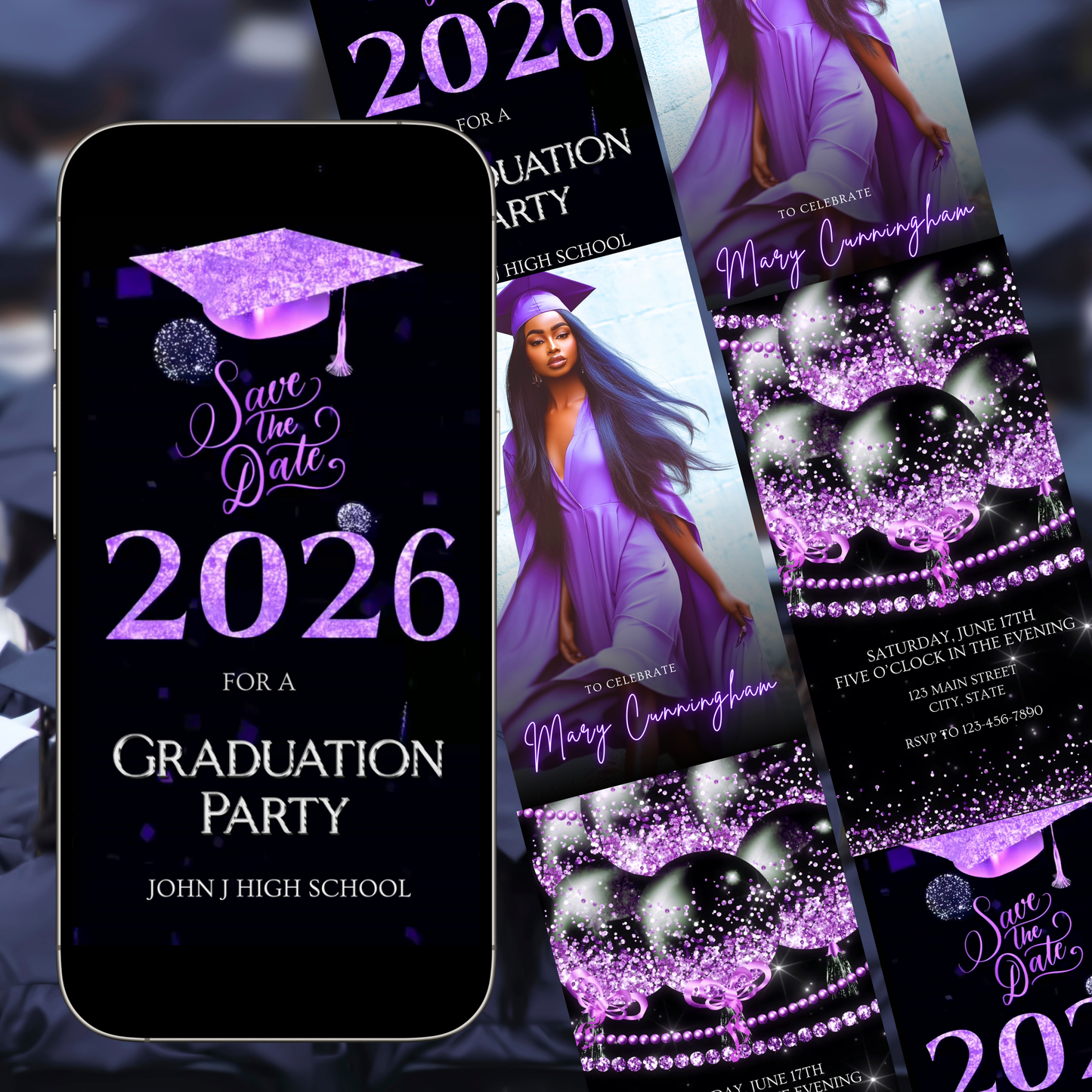 2026 Graduation Party Video Invitation | Digital Purple Graduation Invite | Editable Online RSVP Evite Canva Template