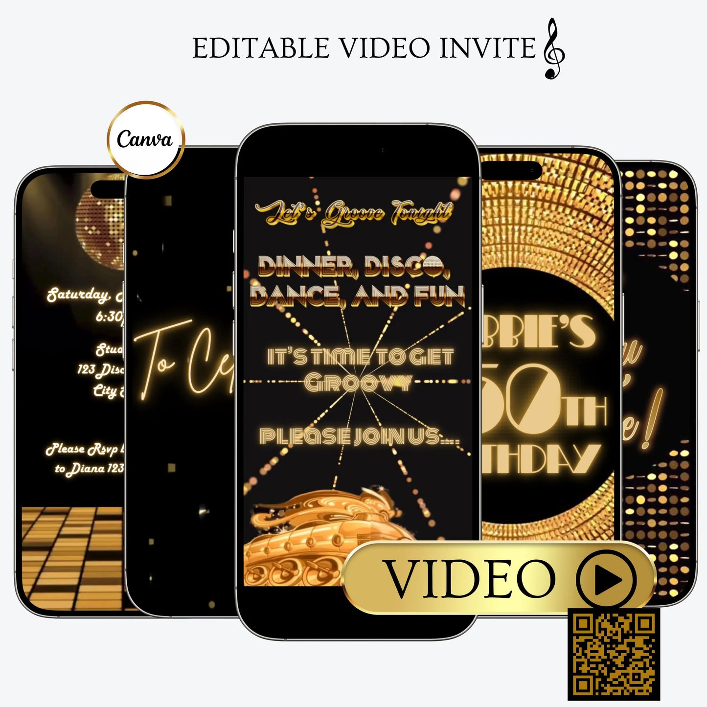 Goldene Disco-Videoeinladung | Disco-Ball-Studio-54-Geburtstagseinladung