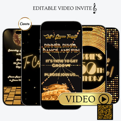 Goldene Disco-Videoeinladung | Disco-Ball-Studio-54-Geburtstagseinladung