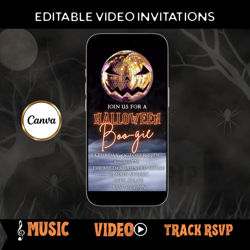 Halloween-Videoeinladung, animierte Discoween-Einladung, bearbeitbare mobile Halloween-Party-Einladung