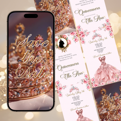 Pink Quinceanera Video Invite | Gold Sweet 15 16 Princess Invite | Editable Canva Evite Template