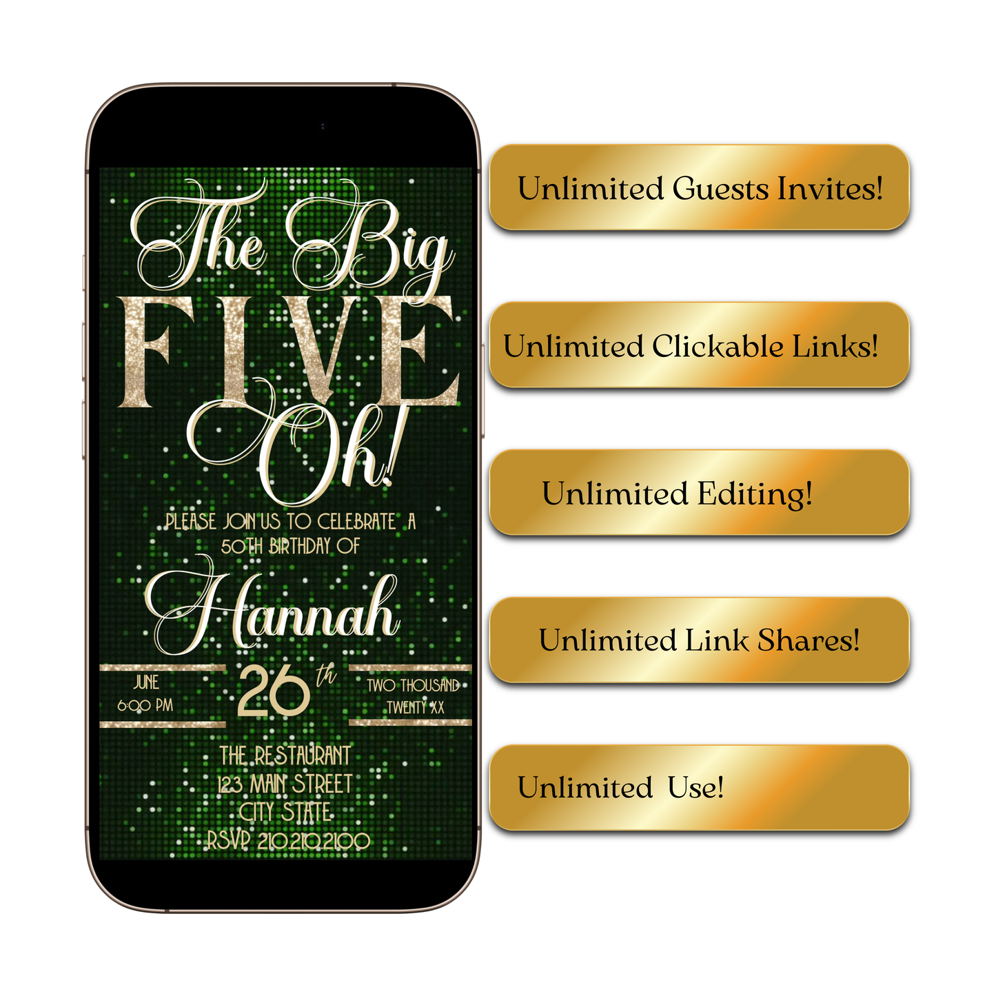 Green and Gold 50th Birthday Video Invitation –  RSVP tracking website - Editable Canva Animated Invite