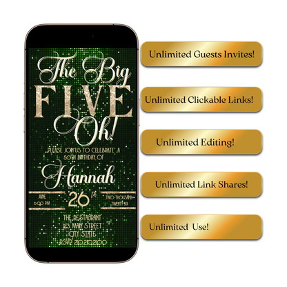 Green and Gold 50th Birthday Video Invitation –  RSVP tracking website - Editable Canva Animated Invite