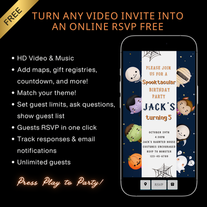 Halloween-Videoeinladung, animierte Einladung „Kleine Monster“, bearbeitbare mobile Halloween-Party-Einladung