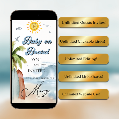 Baby on Board Website Invitation | Canva Website RSVP Template with Music | Boy Baby Shower