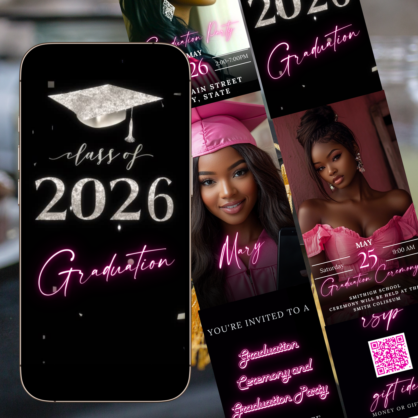 Graduation-themed invitations with 'class of 2026' and '2026 Graduation' text, featuring a phone case and two cards.