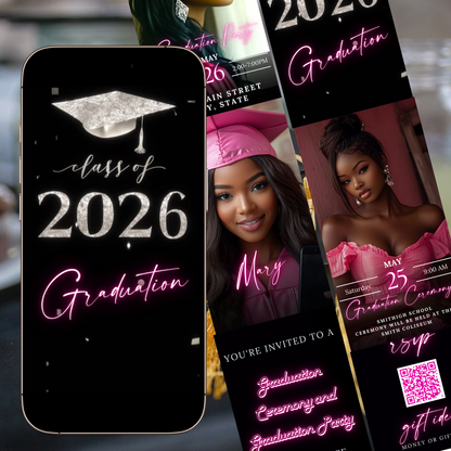 Graduation-themed invitations with 'class of 2026' and '2026 Graduation' text, featuring a phone case and two cards.