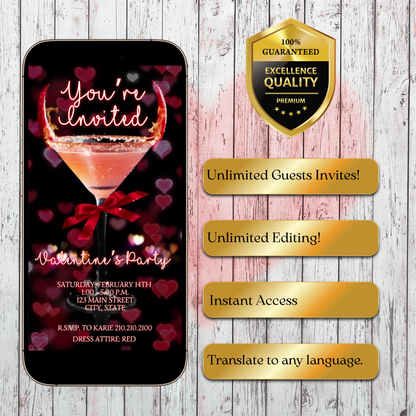 Valentines Cocktail Party Video Invitation | Digital Galentines Day Animated Invite | Editable Canva Evite Template
