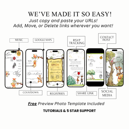 Classic Winnie the Pooh Baby Shower Invite Website with Music and RSVP | Pooh Bear Baby Shower Interactive SMS RSVP