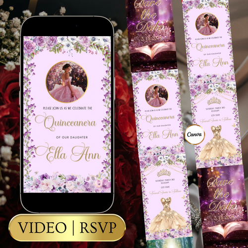 Lilac Quinceañera Video Invitation | Digital Princess Sweet 15 16 Animated Invite | Editable Canva Template