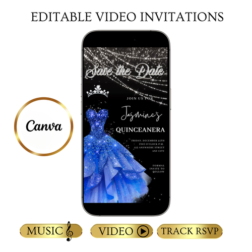 Royal Blue Quinceañera Video Invite | Sweet 15 16 Quince RSVP Tracker | Editable Save the Date Canva Evite Template