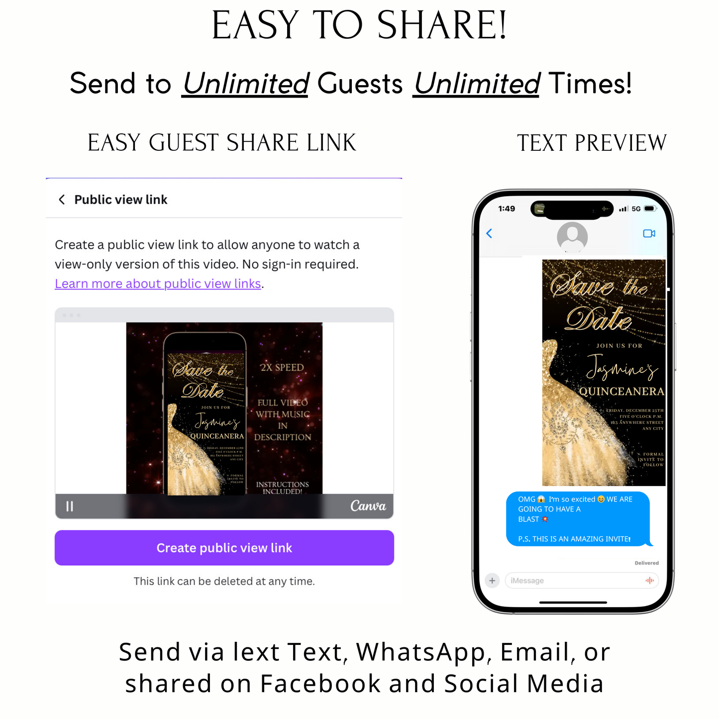 Gold Quinceanera Video Invite | Sweet 15 16 Quince RSVP Tracker | Editable Canva Evite Template