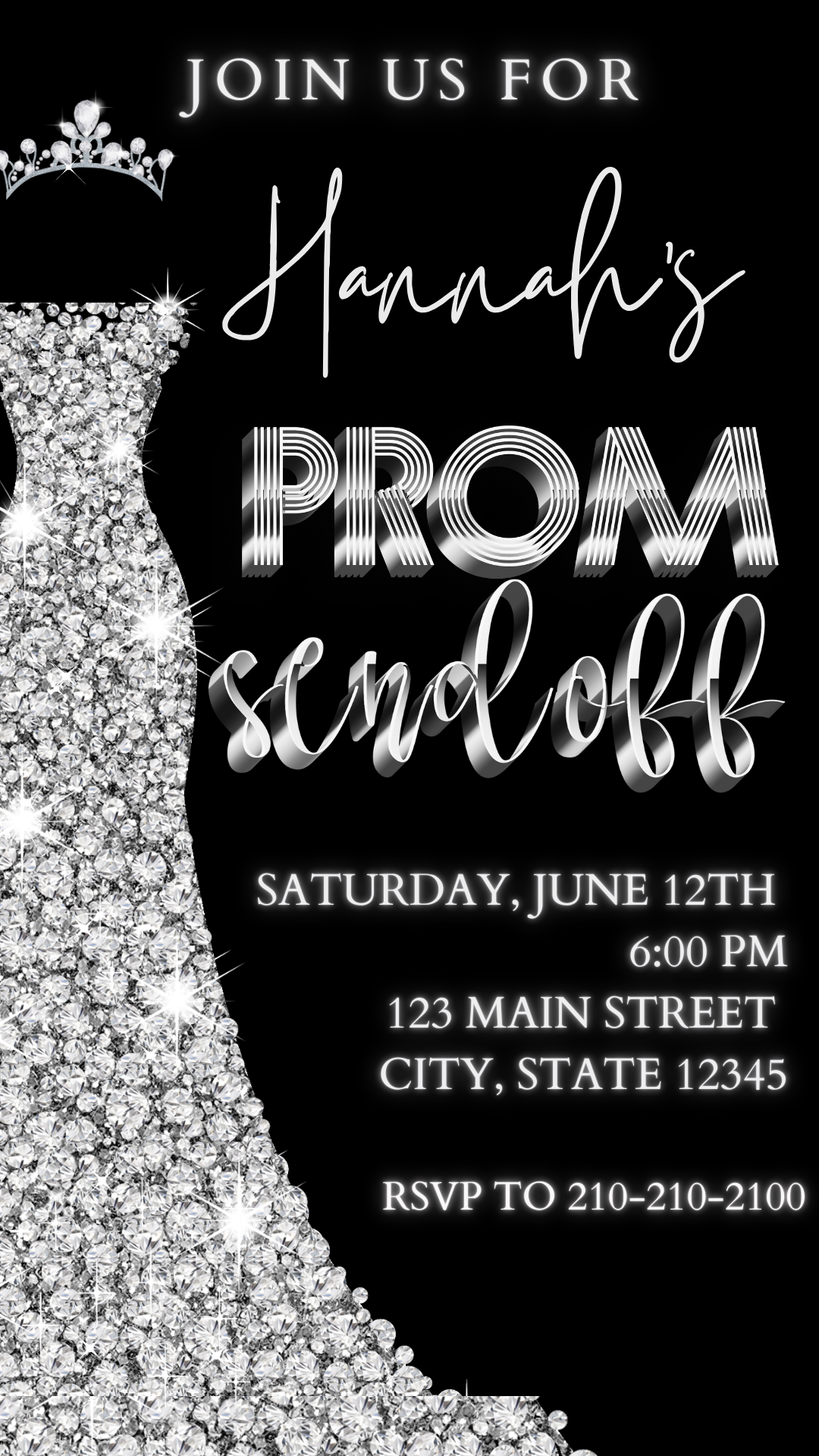 Editable black silver glam prom send off video invitation displayed on a mobile phone, featuring an animated vertical digital invite with music, created in Canva. This premium video invitation template is designed for sharing by text, email, and social media and works with an interactive RSVP website for easy guest response tracking.