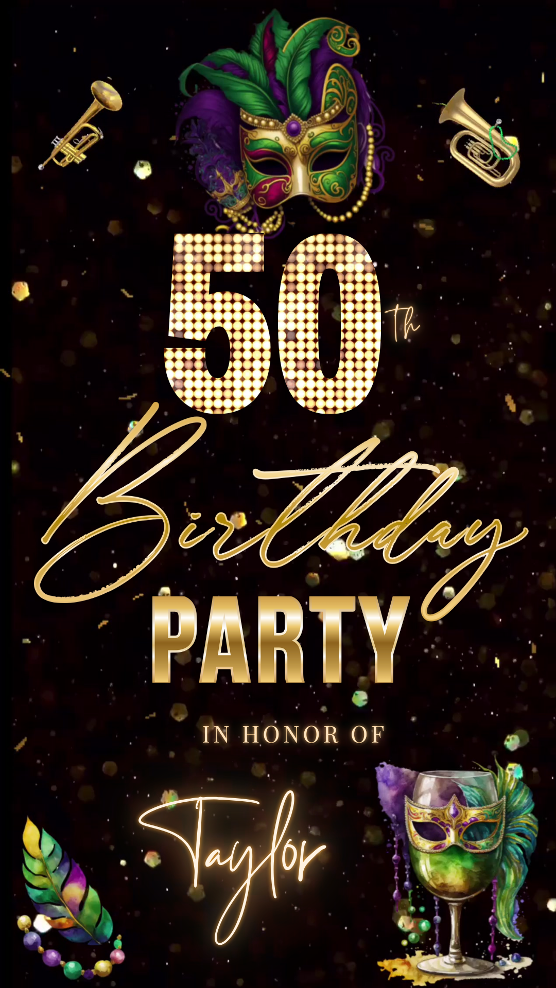 Editable mardi gras masquerade 50th birthday video invitation displayed on a mobile phone, featuring an animated vertical digital invite with music, created in Canva. This premium video invitation template is designed for sharing by text, email, and social media and works with an interactive RSVP website for easy guest response tracking.