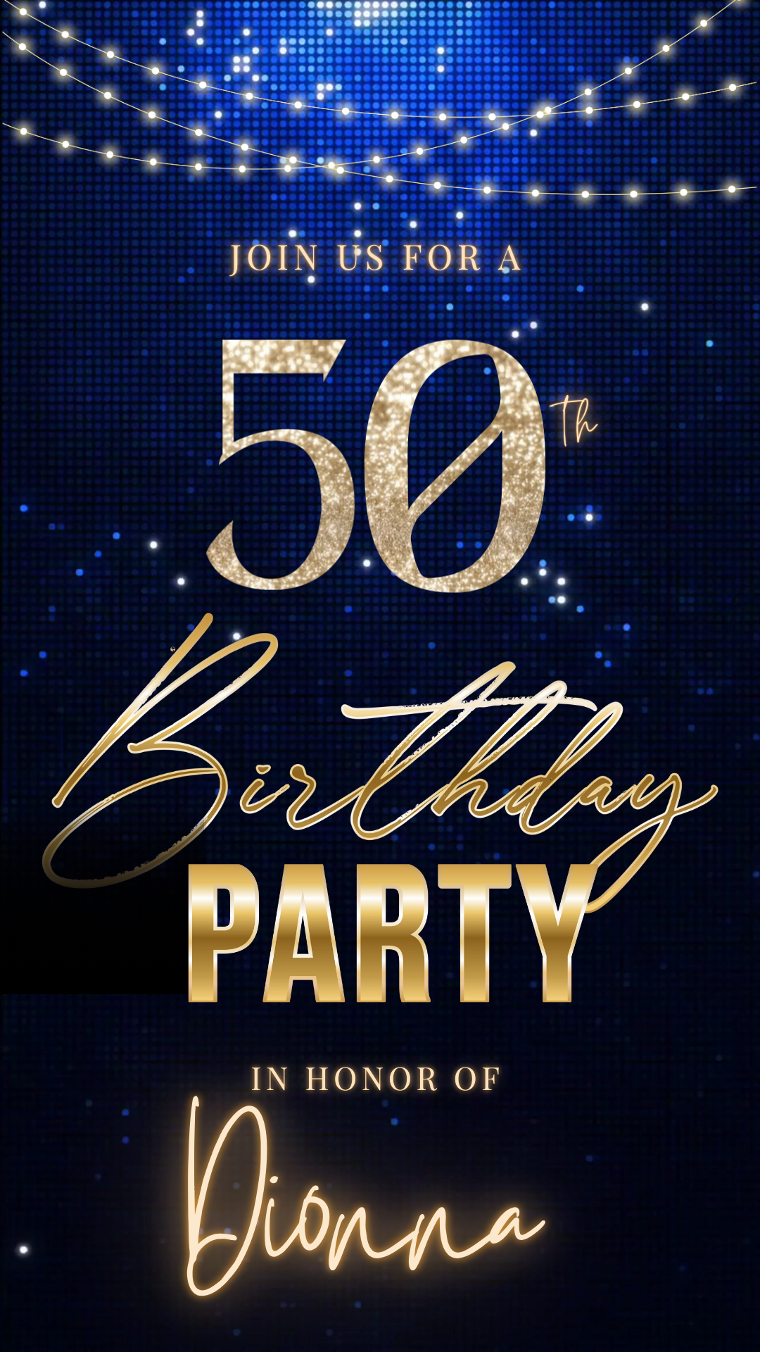 Editable navy blue glitter 50th birthday video invitation displayed on a mobile phone, featuring an animated vertical digital invite with music, created in Canva. This premium video invitation template is designed for sharing by text, email, and social media and works with an interactive RSVP website for easy guest response tracking.