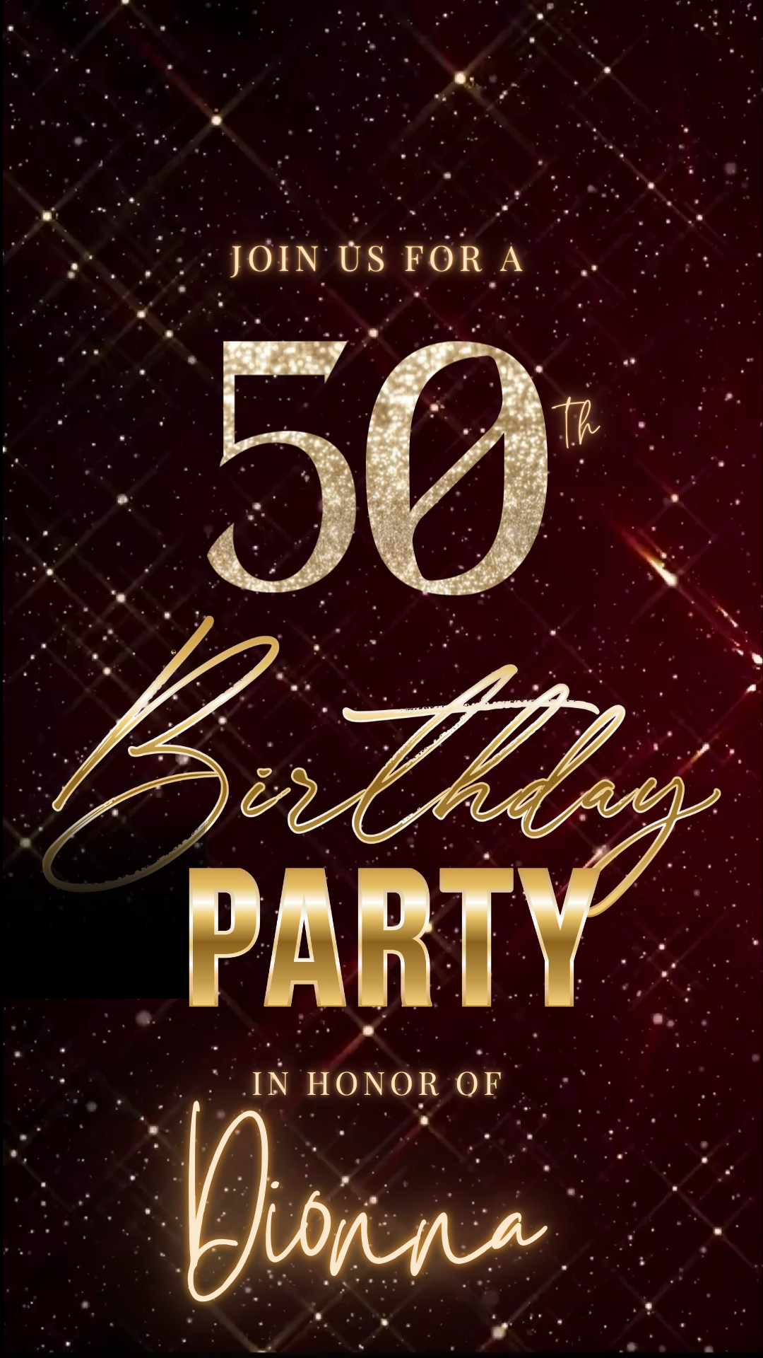 Editable burgundy sparkly 50th birthday video invitation displayed on a mobile phone, featuring an animated vertical digital invite with music, created in Canva. This premium video invitation template is designed for sharing by text, email, and social media and works with an interactive RSVP website for easy guest response tracking.
