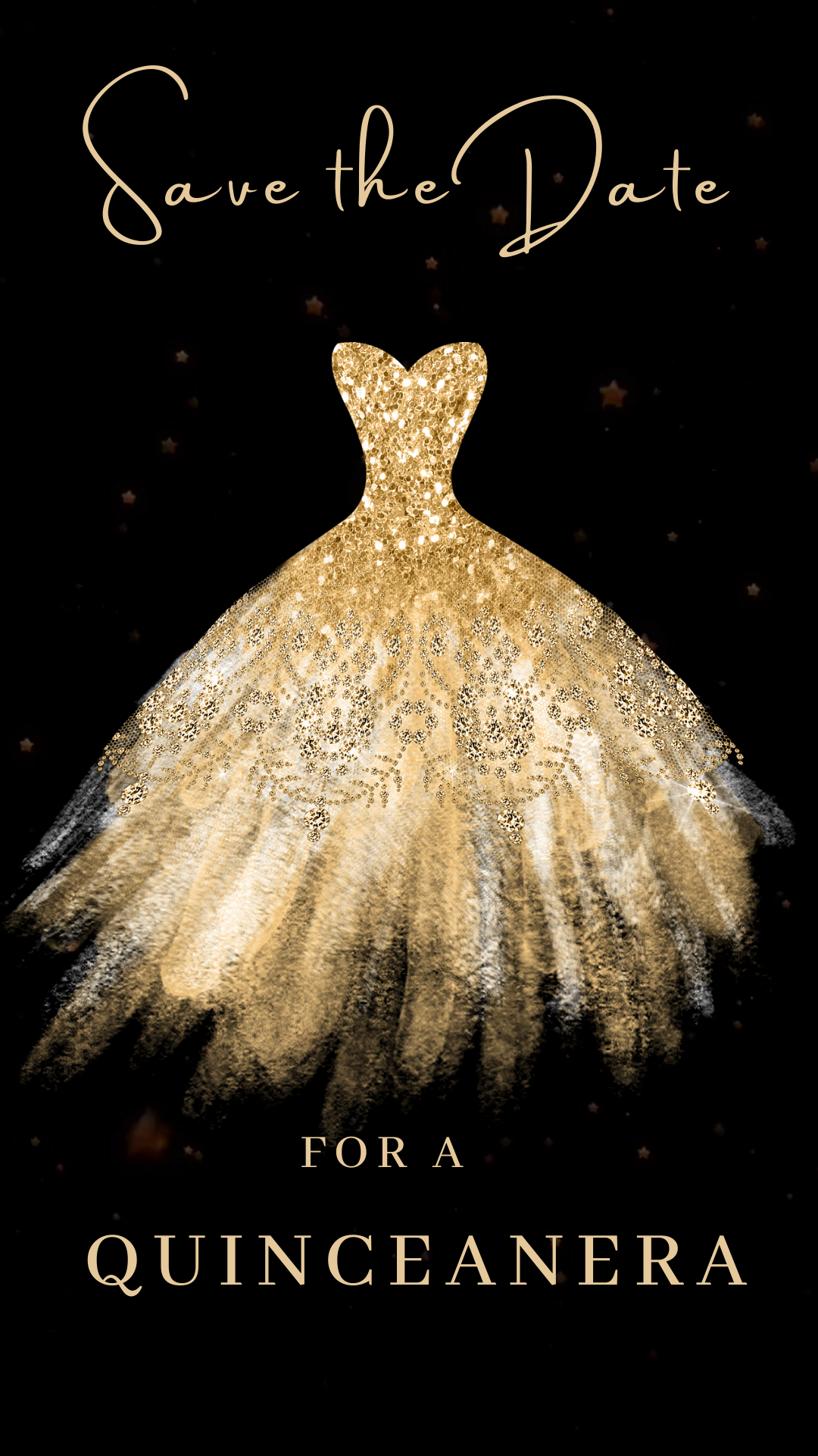 Editable gold glitter dress Quinceañera video invitation displayed on a mobile phone, featuring an animated vertical digital invite with music, created in Canva. This premium video invitation template is designed for sharing by text, email, and social media and works with an interactive RSVP website for easy guest response tracking.