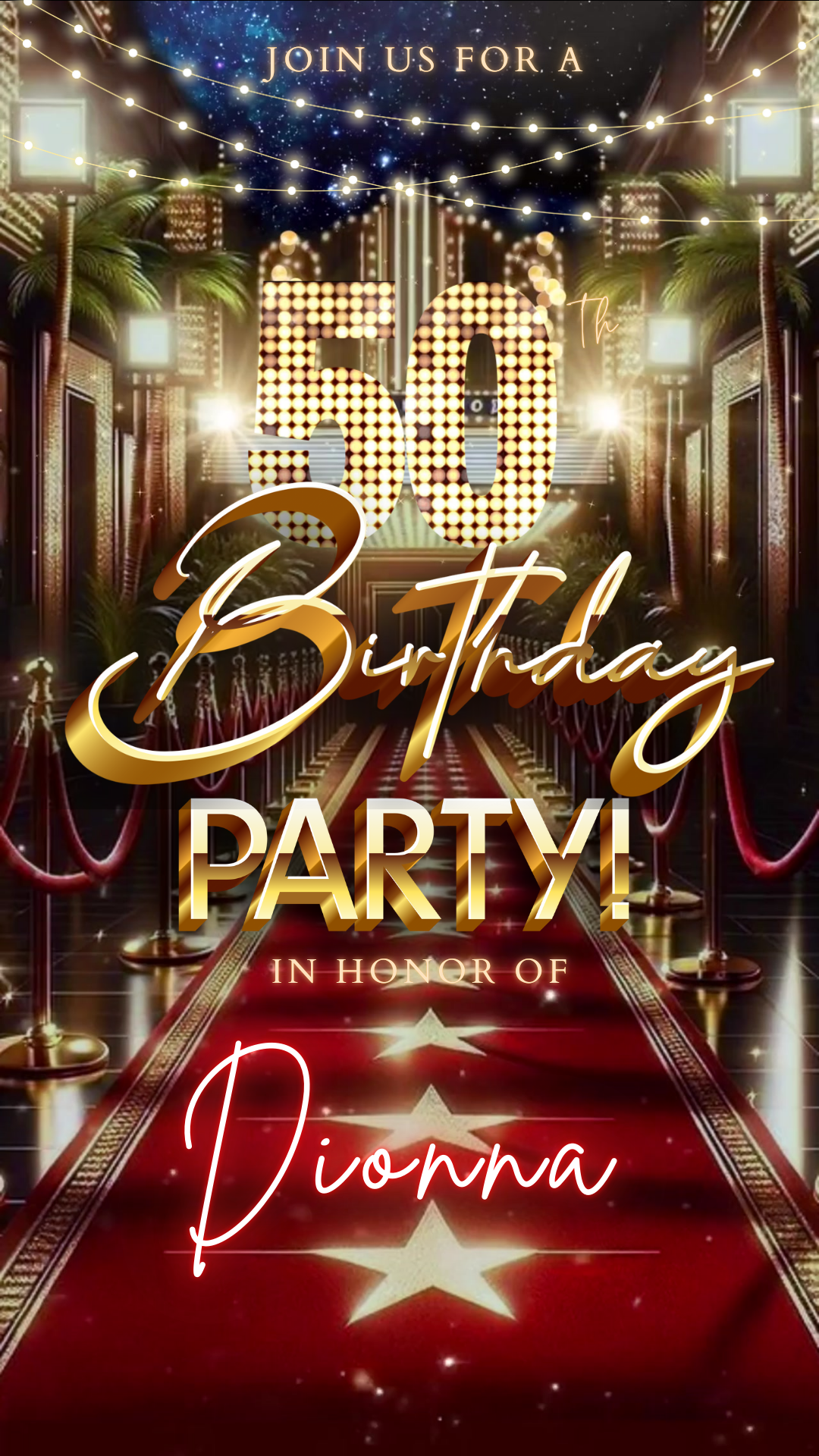 Editable hollywood red carpet 50th birthday video invitation displayed on a mobile phone, featuring an animated vertical digital invite with music, created in Canva. This premium video invitation template is designed for sharing by text, email, and social media and works with an interactive RSVP website for easy guest response tracking.