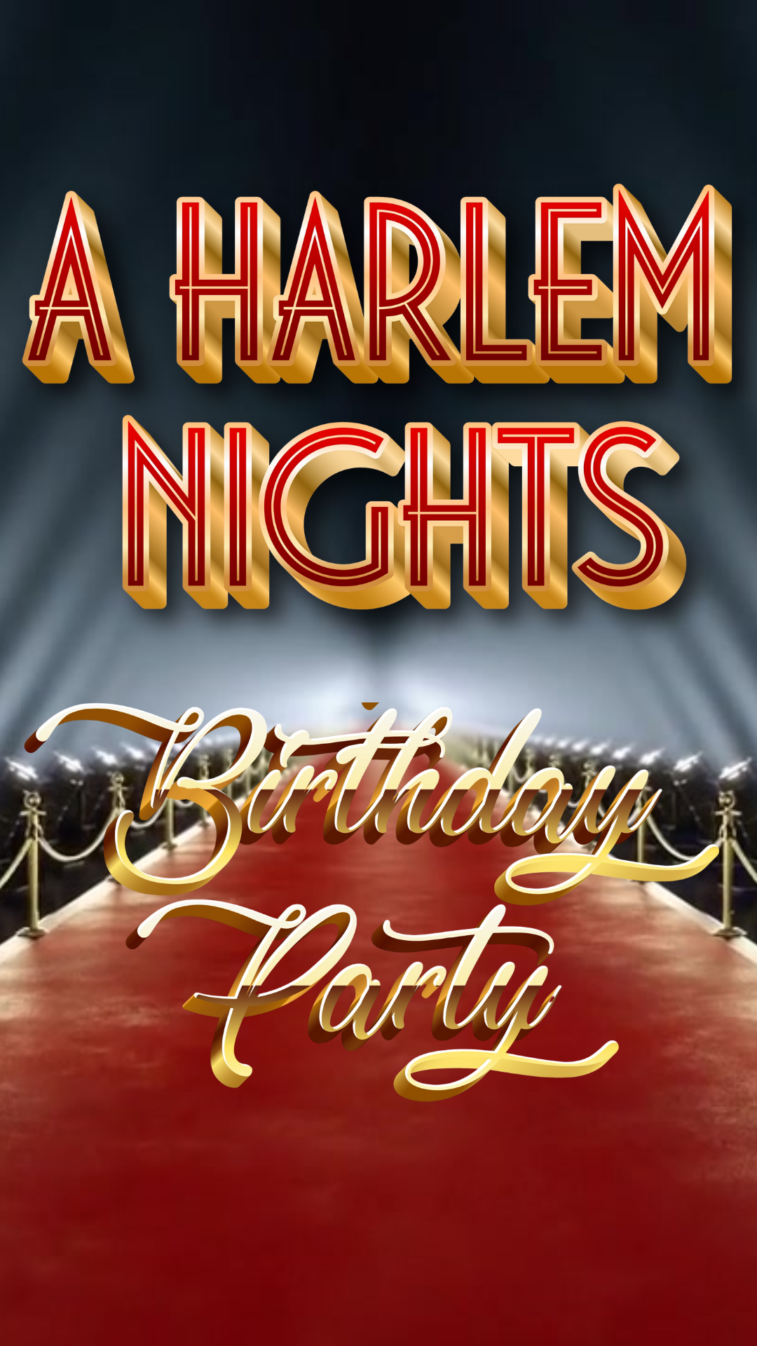 Editable harlem nights red carpet birthday video invitation displayed on a mobile phone, featuring an animated vertical digital invite with music, created in Canva. This premium video invitation template is designed for sharing by text, email, and social media and works with an interactive RSVP website for easy guest response tracking.