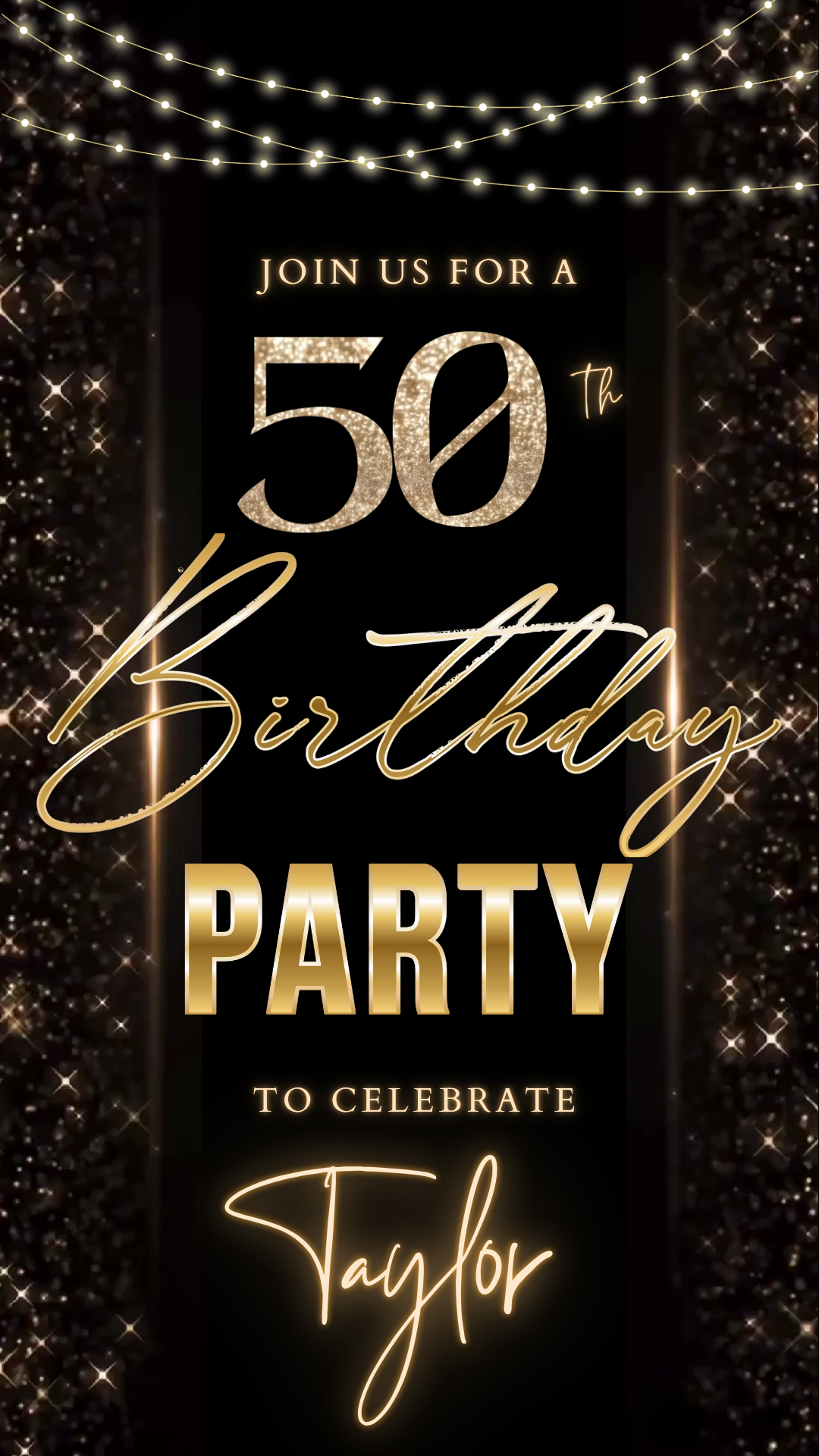 Editable black gold sparkle 50th birthday video invitation displayed on a mobile phone, featuring an animated vertical digital invite with music, created in Canva. This premium video invitation template is designed for sharing by text, email, and social media and works with an interactive RSVP website for easy guest response tracking.