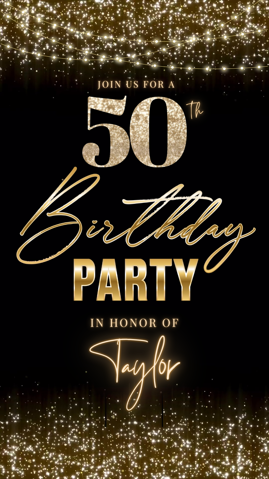 Editable black gold string lights 50th birthday video invitation displayed on a mobile phone, featuring an animated vertical digital invite with music, created in Canva. This premium video invitation template is designed for sharing by text, email, and social media and works with an interactive RSVP website for easy guest response tracking.