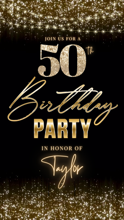 Editable black gold string lights 50th birthday video invitation displayed on a mobile phone, featuring an animated vertical digital invite with music, created in Canva. This premium video invitation template is designed for sharing by text, email, and social media and works with an interactive RSVP website for easy guest response tracking.