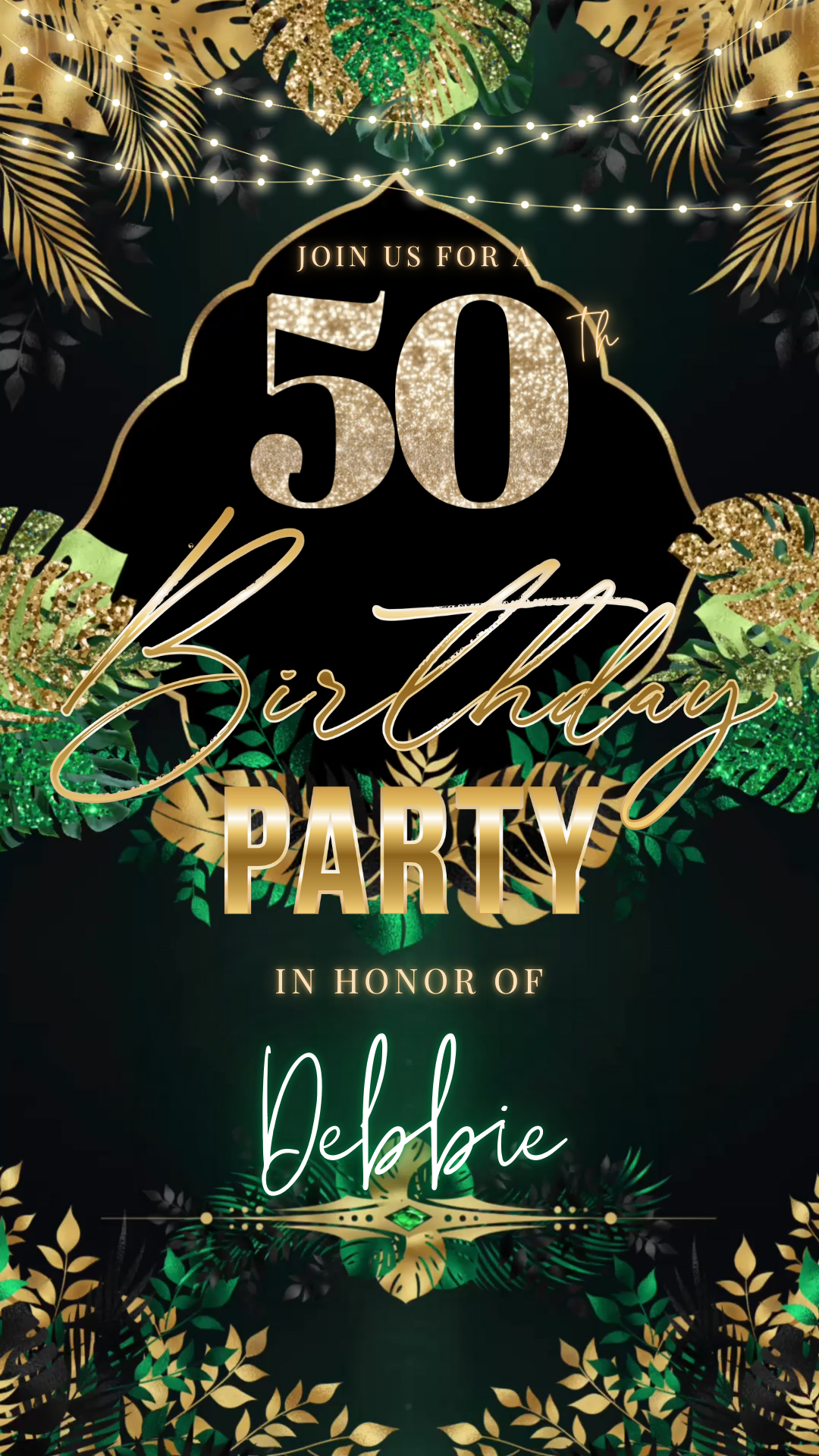 Editable tropical green gold 50th birthday video invitation displayed on a mobile phone, featuring an animated vertical digital invite with music, created in Canva. This premium video invitation template is designed for sharing by text, email, and social media and works with an interactive RSVP website for easy guest response tracking.