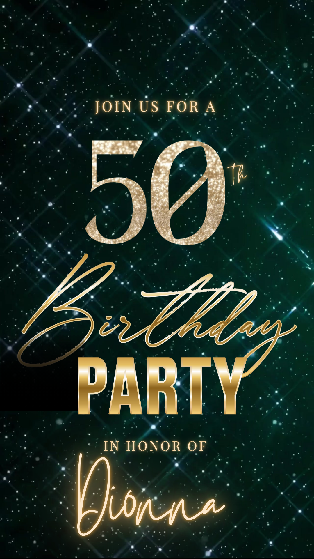 Editable emerald green sparkly 50th birthday video invitation displayed on a mobile phone, featuring an animated vertical digital invite with music, created in Canva. This premium video invitation template is designed for sharing by text, email, and social media and works with an interactive RSVP website for easy guest response tracking.