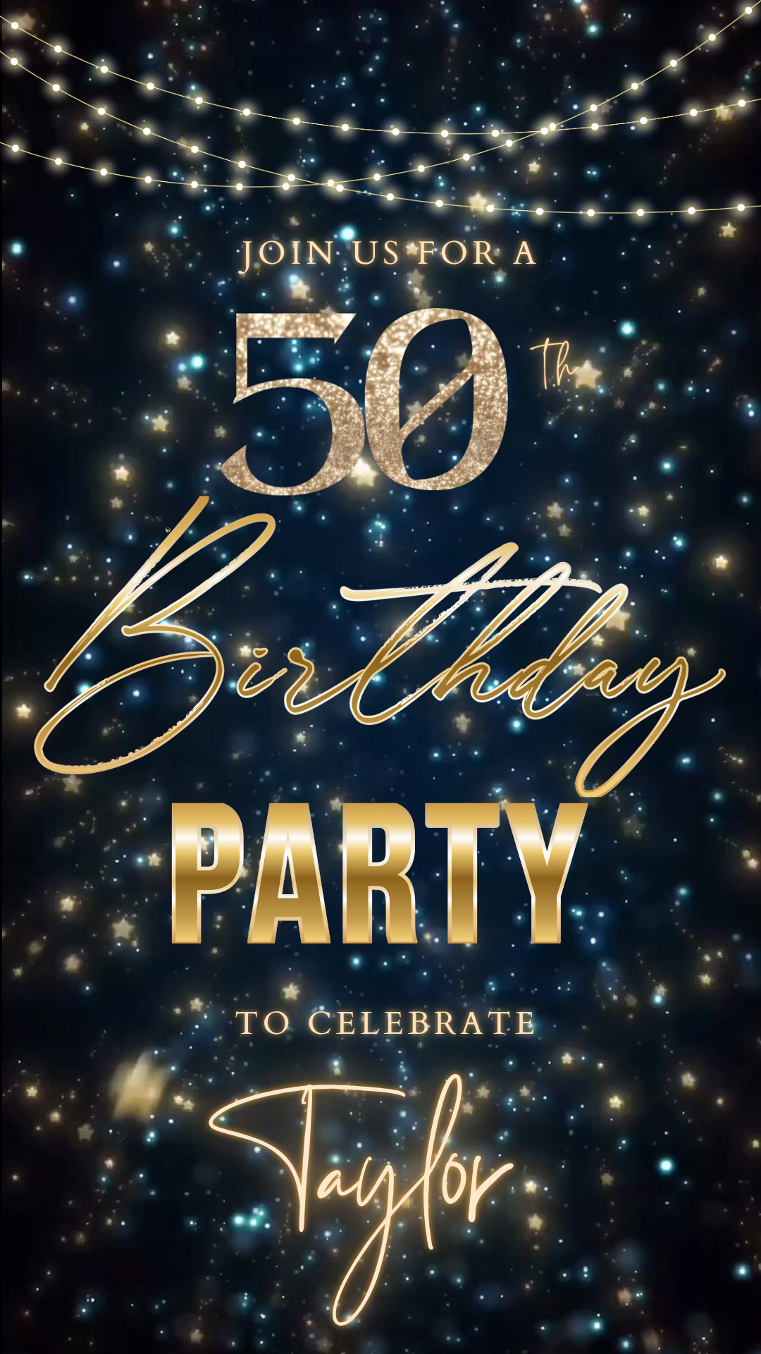 Editable navy blue gold starry 50th birthday video invitation displayed on a mobile phone, featuring an animated vertical digital invite with music, created in Canva. This premium video invitation template is designed for sharing by text, email, and social media and works with an interactive RSVP website for easy guest response tracking.