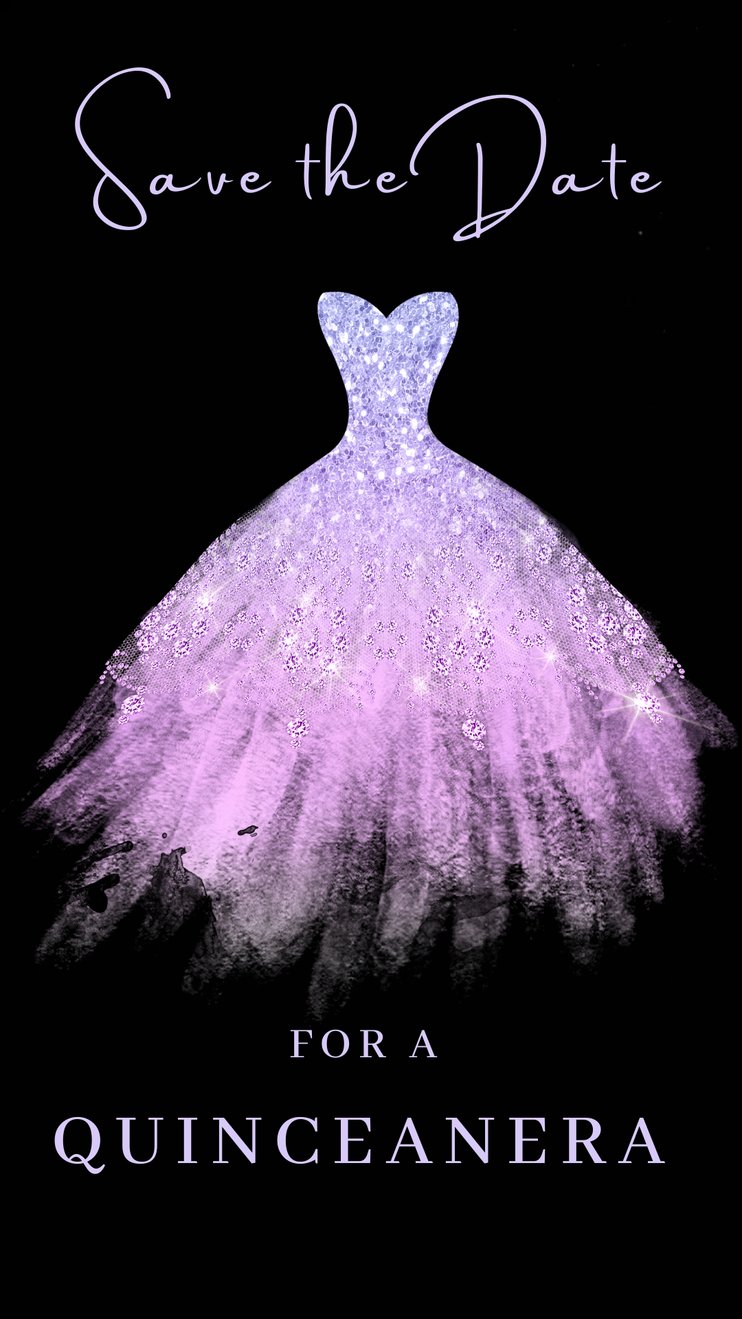 Editable purple glitter dress Quinceañera video invitation displayed on a mobile phone, featuring an animated vertical digital invite with music, created in Canva. This premium video invitation template is designed for sharing by text, email, and social media and works with an interactive RSVP website for easy guest response tracking.