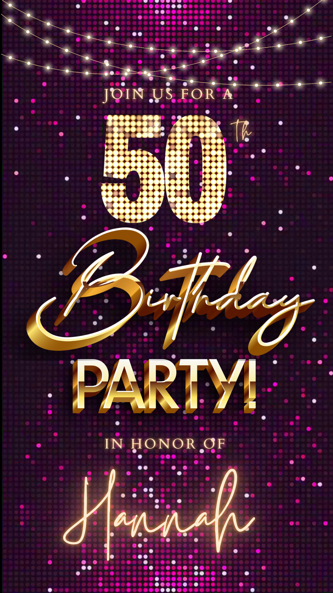 Editable purple pink glitter 50th birthday video invitation displayed on a mobile phone, featuring an animated vertical digital invite with music, created in Canva. This premium video invitation template is designed for sharing by text, email, and social media and works with an interactive RSVP website for easy guest response tracking.