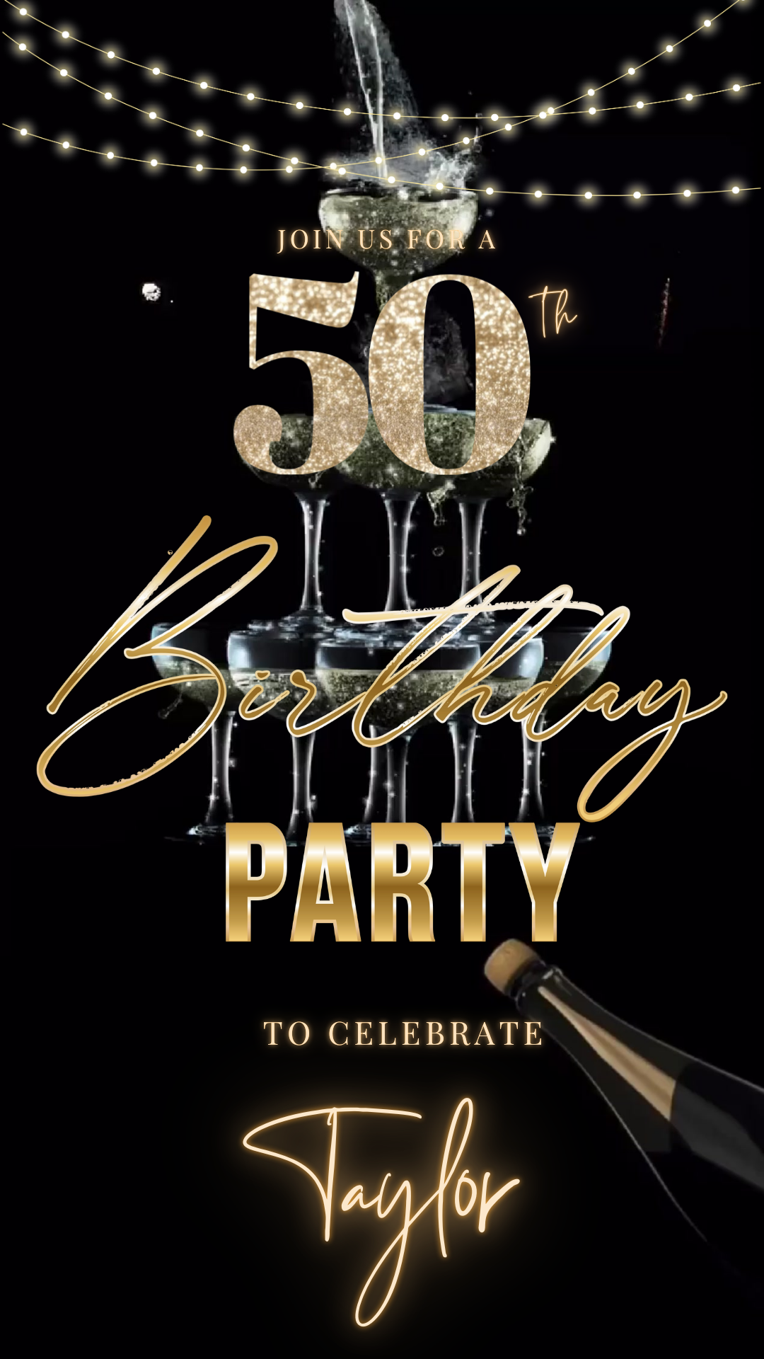Editable black gold champagne tower 50th birthday video invitation displayed on a mobile phone, featuring an animated vertical digital invite with music, created in Canva. This premium video invitation template is designed for sharing by text, email, and social media and works with an interactive RSVP website for easy guest response tracking.