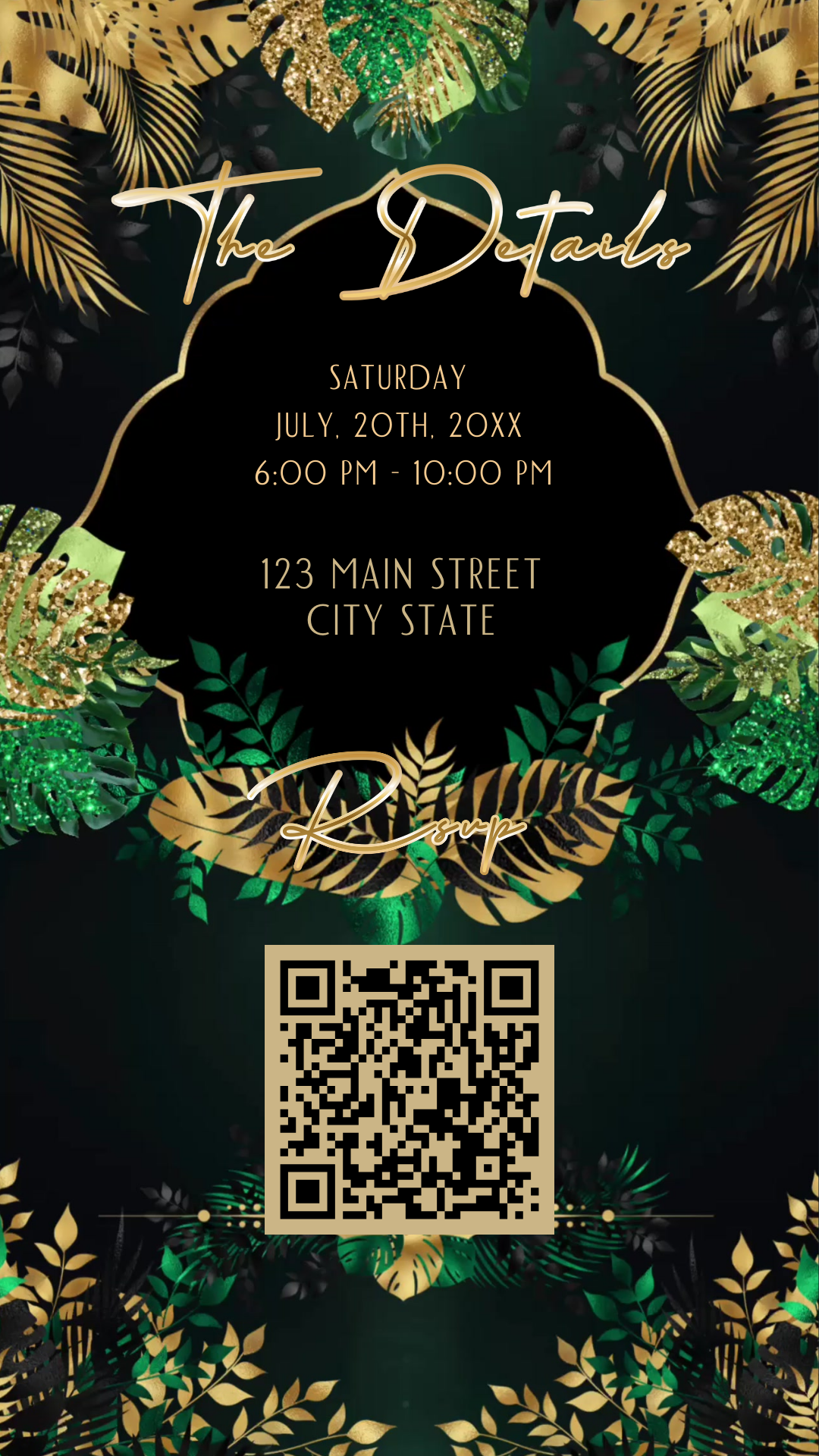 Editable tropical green gold 50th birthday video invitation displayed on a mobile phone, featuring an animated vertical digital invite with music, created in Canva. This premium video invitation template is designed for sharing by text, email, and social media and works with an interactive RSVP website for easy guest response tracking.