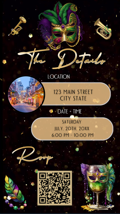 Editable mardi gras masquerade 50th birthday video invitation displayed on a mobile phone, featuring an animated vertical digital invite with music, created in Canva. This premium video invitation template is designed for sharing by text, email, and social media and works with an interactive RSVP website for easy guest response tracking.