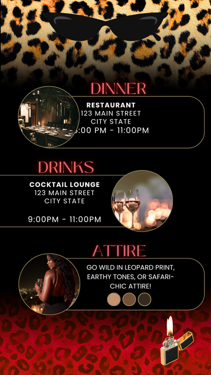 Editable mob wives leopard print 25th birthday video invitation displayed on a mobile phone, featuring an animated vertical digital invite with music, created in Canva. This premium video invitation template is designed for sharing by text, email, and social media and works with an interactive RSVP website for easy guest response tracking.