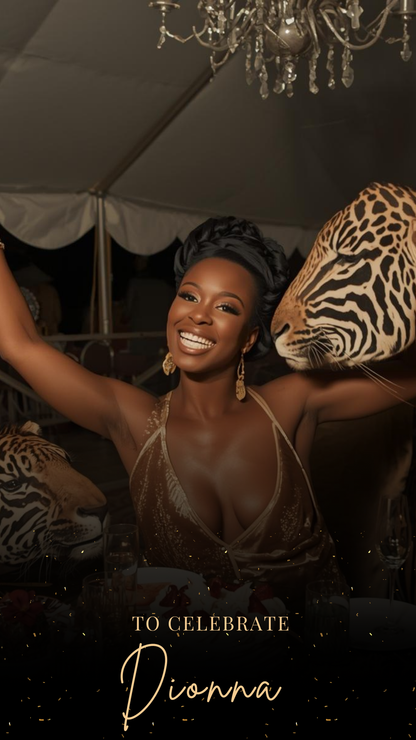 Editable tropical green gold 50th birthday video invitation displayed on a mobile phone, featuring an animated vertical digital invite with music, created in Canva. This premium video invitation template is designed for sharing by text, email, and social media and works with an interactive RSVP website for easy guest response tracking.