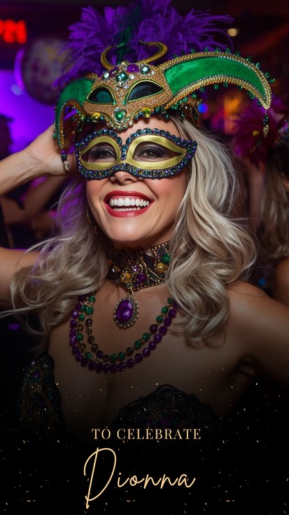 Editable mardi gras masquerade 50th birthday – editable canva animated video invitation displayed on a mobile phone, featuring an animated vertical digital invite with music, created in Canva. This premium video invitation template is designed for sharing by text, email, and social media and works with an interactive RSVP website for easy guest response tracking.