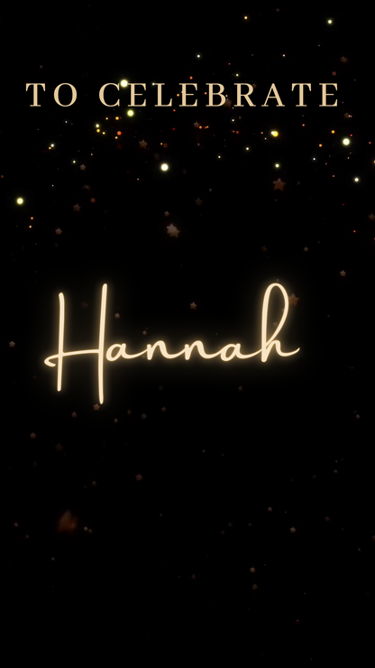 Editable gold glitter dress Quinceañera video invitation displayed on a mobile phone, featuring an animated vertical digital invite with music, created in Canva. This premium video invitation template is designed for sharing by text, email, and social media and works with an interactive RSVP website for easy guest response tracking.