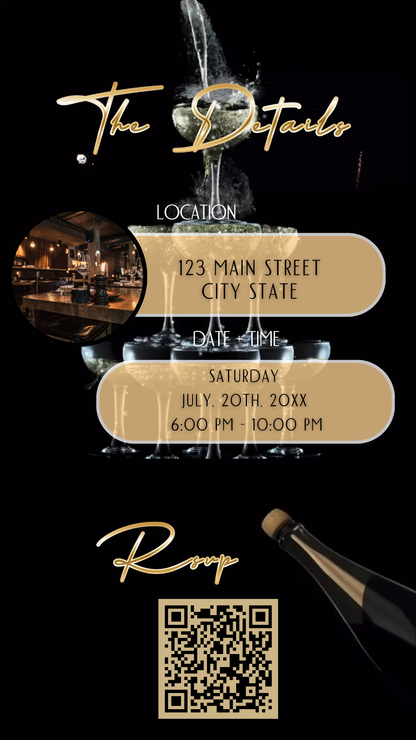 Editable black gold champagne tower 50th birthday video invitation displayed on a mobile phone, featuring an animated vertical digital invite with music, created in Canva. This premium video invitation template is designed for sharing by text, email, and social media and works with an interactive RSVP website for easy guest response tracking.