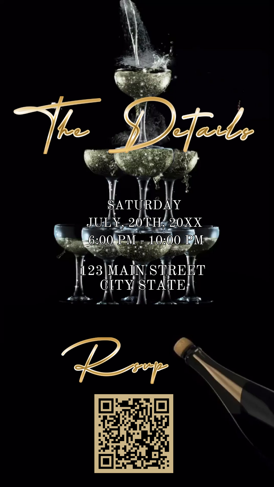Editable black gold champagne tower 50th birthday video invitation displayed on a mobile phone, featuring an animated vertical digital invite with music, created in Canva. This premium video invitation template is designed for sharing by text, email, and social media and works with an interactive RSVP website for easy guest response tracking.